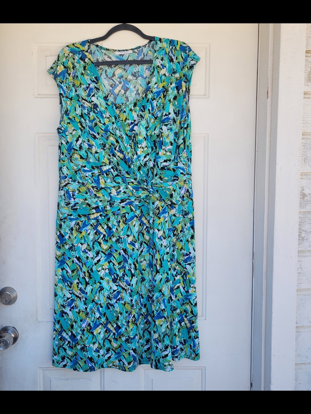 Dress Barn Teal, Blue & Green Abstract Wrap-Style Midi Dress